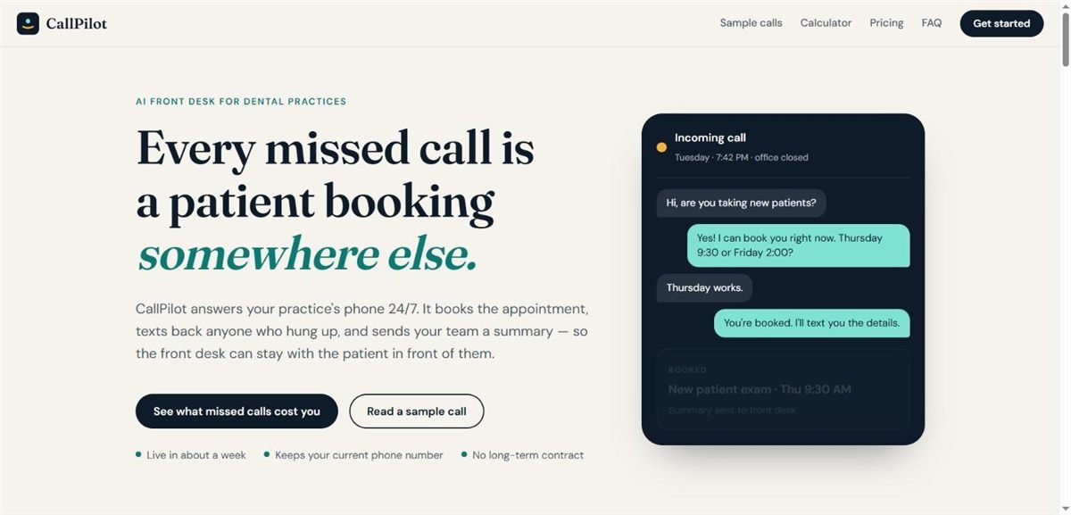 CallPilot website homepage: AI front desk for dental practices